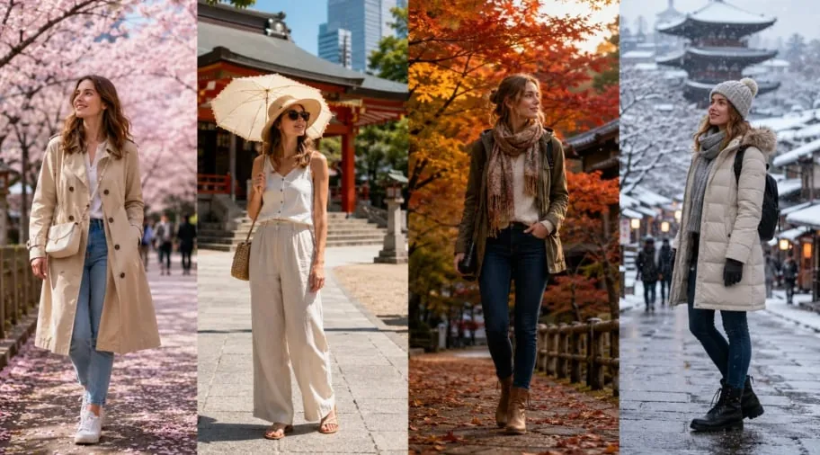 春・夏・秋・冬の服装で日本の名所を歩く旅行者